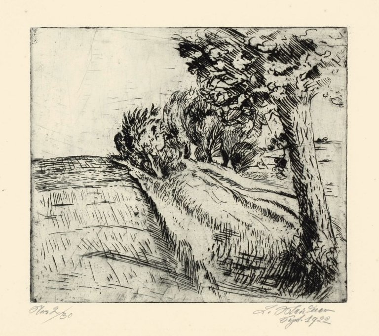 Auf diesem Bild ist das folgende Kunstwerk zu sehen: Ludwig Meidner. Feldrain mit Baumgruppe. 1922.