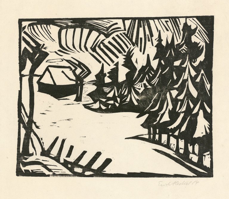 Auf diesem Bild ist das folgende Kunstwerk zu sehen: Erich Heckel. „Erzgebirgslandschaft“ („Erzgebirge im Schnee“). 1914.