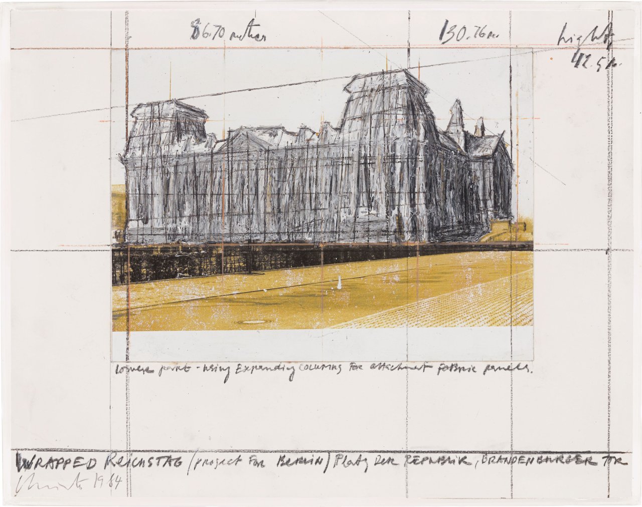 This picture shows the following artwork:  Christo. ”WRAPPED REICHSTAG (PROJECT FOR BERLIN)”. 1984.