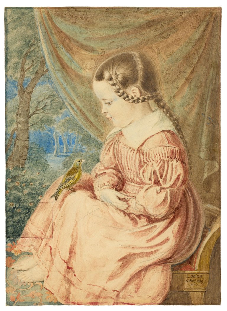 Auf diesem Bild ist das folgende Kunstwerk zu sehen: Ludwig Emil Grimm. „Die fünfjährige Ideke (Friederike) Grimm, die Tochter des Künstlers im roten Kleid mit einem Vogel, Profilbildnis“. 1839.