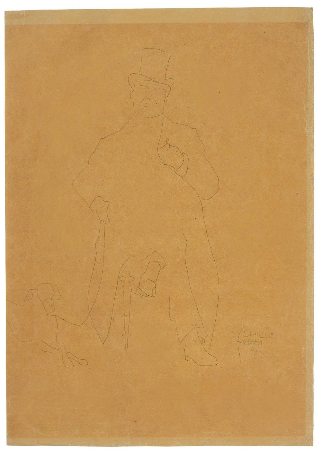 Auf diesem Bild ist das folgende Kunstwerk zu sehen: Egon Schiele. „Seated Man with Dog (Leopold Czihaczek)“. 1908.