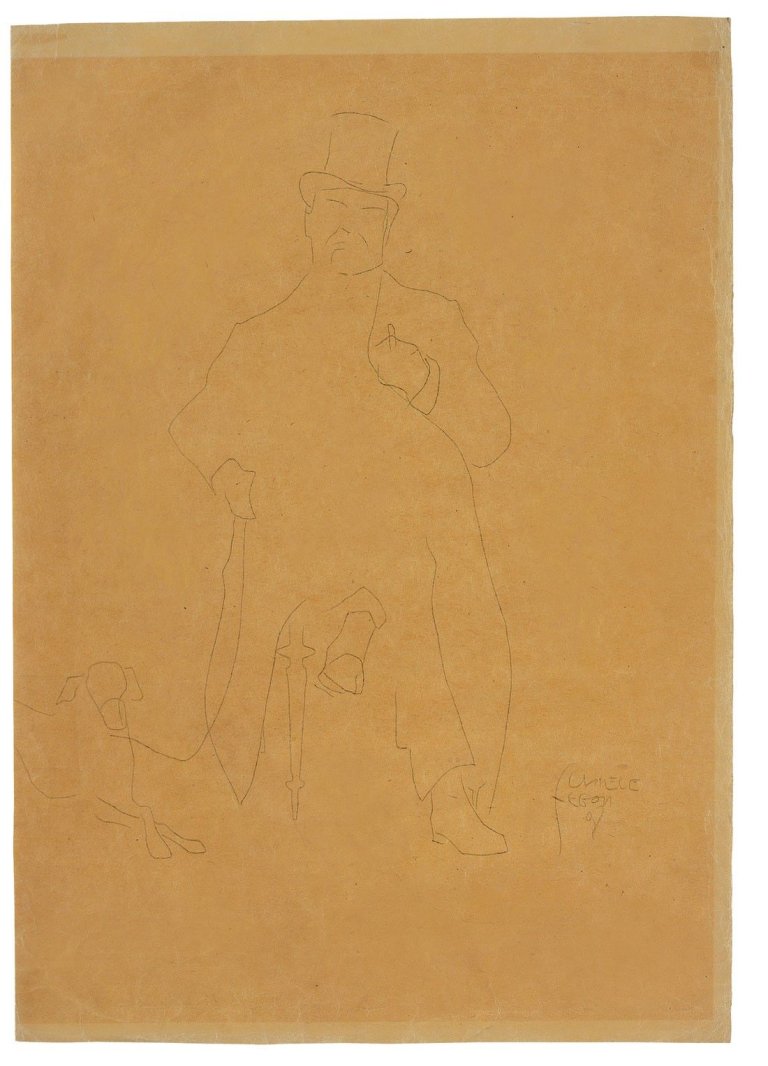 Auf diesem Bild ist das folgende Kunstwerk zu sehen: Egon Schiele. „Seated Man with Dog (Leopold Czihaczek)“. 1908.