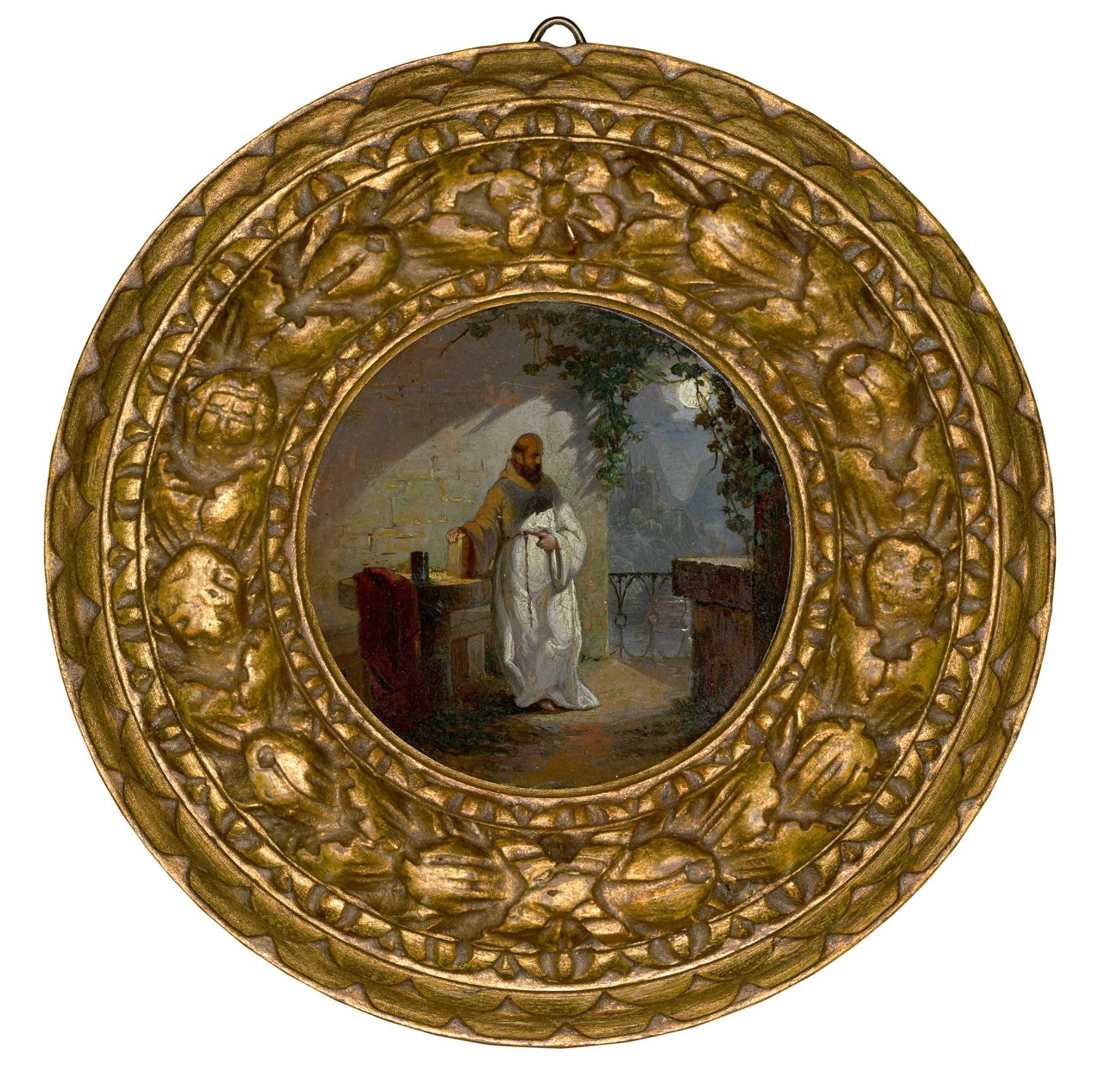 Auf diesem Bild ist das folgende Kunstwerk zu sehen: Franz Ludwig Catel. „Bärtiger Mönch in Kontemplation im Licht des Mondes“. Um 1828 (?).