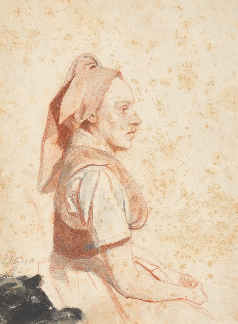 Auf diesem Bild ist das folgende Kunstwerk zu sehen: Max Klinger. Sitzende Frau in ländlicher Tracht. 1876.