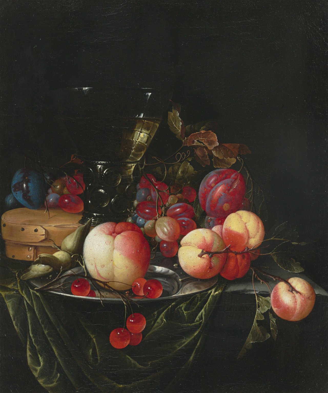 Auf diesem Bild ist das folgende Kunstwerk zu sehen: Cornelis de Heem. Stillleben mit Pfirsichen, Trauben und Pflaumen.