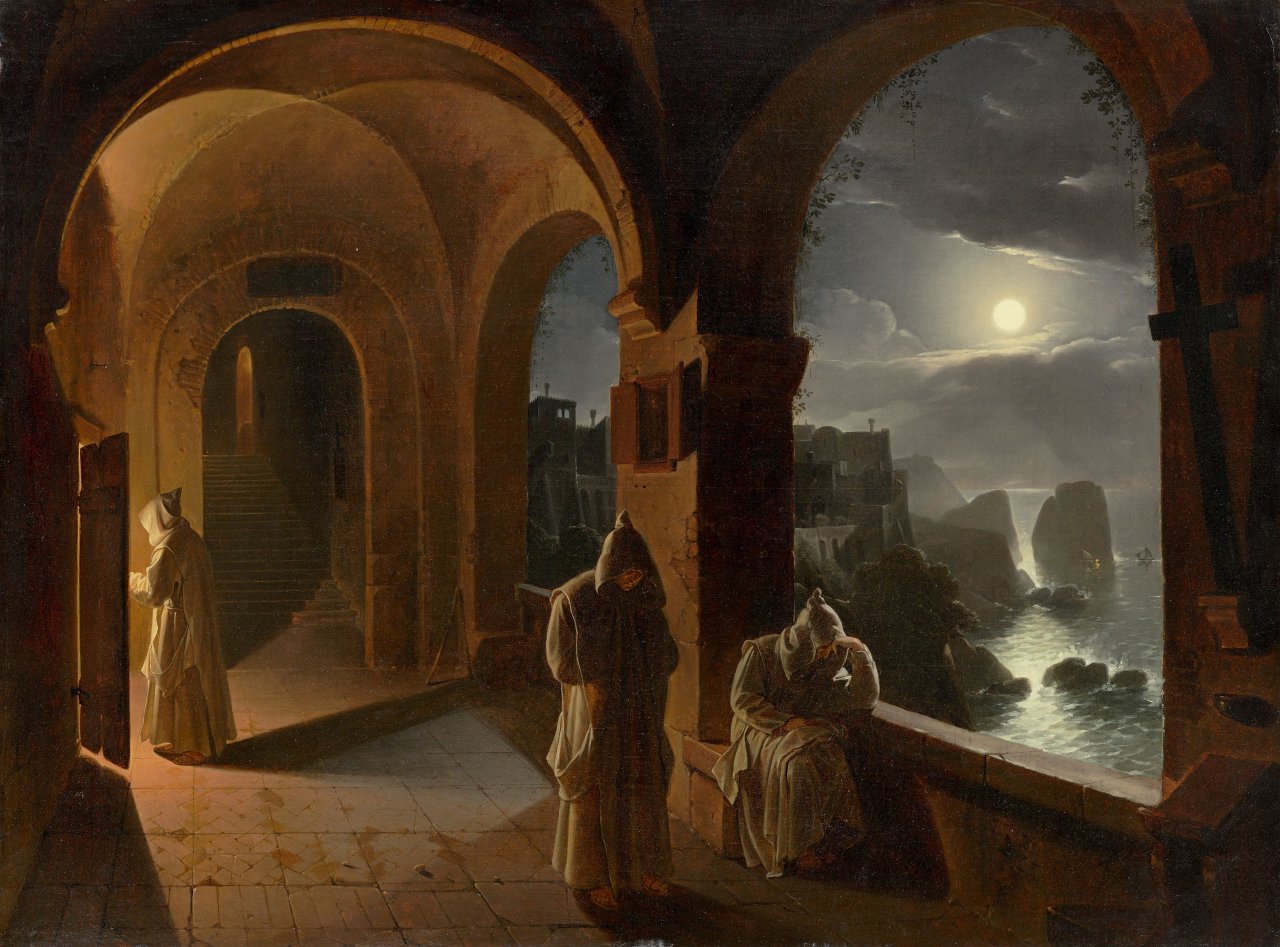 Auf diesem Bild ist das folgende Kunstwerk zu sehen: Franz Ludwig Catel. „Karthäusermönche in einem nächtlichen Klosterkreuzgang der Certosa di San Giacomo auf Capri mit Blick auf die Faraglioni“. Um 1820/24.
