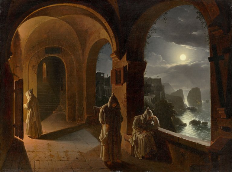 Auf diesem Bild ist das folgende Kunstwerk zu sehen: Franz Ludwig Catel. „Karthäusermönche in einem nächtlichen Klosterkreuzgang der Certosa di San Giacomo auf Capri mit Blick auf die Faraglioni“. Um 1820/24.