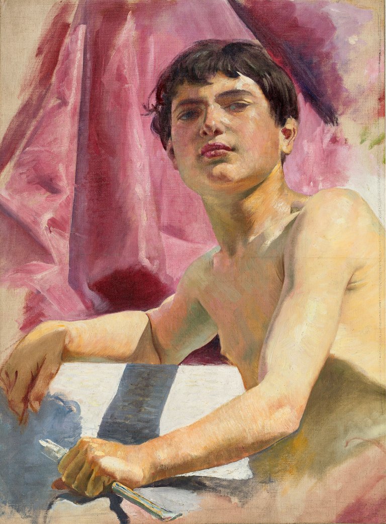 Auf diesem Bild ist das folgende Kunstwerk zu sehen: Osmar Schindler. Römischer Knabe mit Bildhauerwerkzeug. Um 1897.