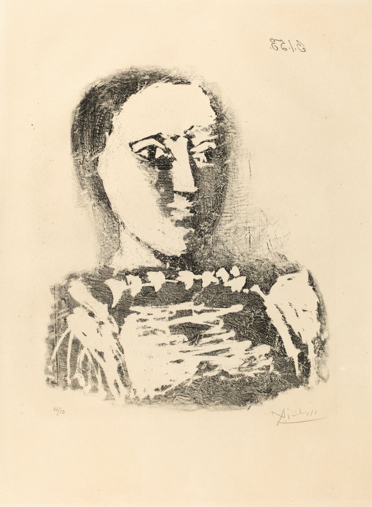 Auf diesem Bild ist das folgende Kunstwerk zu sehen: Pablo Picasso. „Le chandail brodé“. 1953.