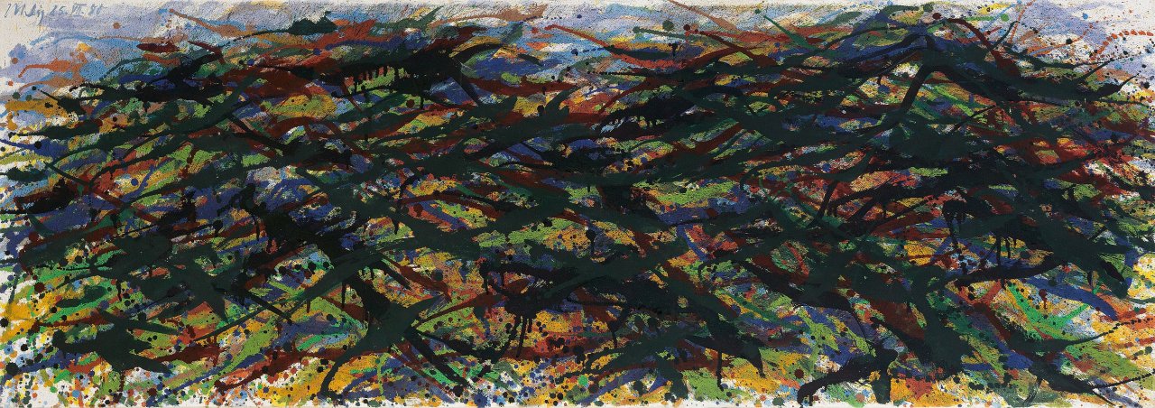 Auf diesem Bild ist das folgende Kunstwerk zu sehen: Max Uhlig. „Sommerliche Hügellandschaft, bewegt, Krukow bei Penzlin“. 1980.