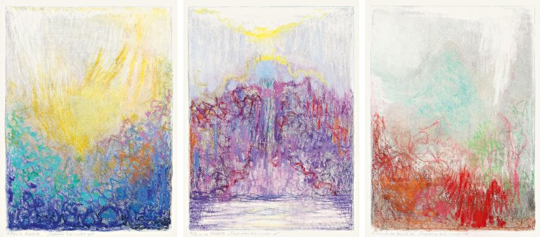Auf diesem Bild ist das folgende Kunstwerk zu sehen: Heinz Kreutz. „Triptychon blau-violett-rot“. 1998.