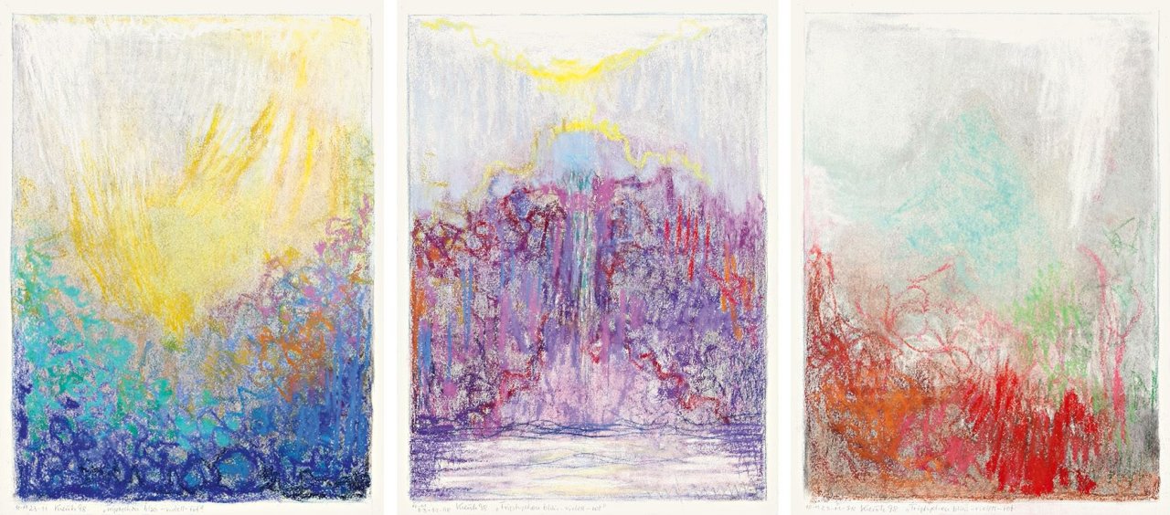 Auf diesem Bild ist das folgende Kunstwerk zu sehen: Heinz Kreutz. „Triptychon blau-violett-rot“. 1998.