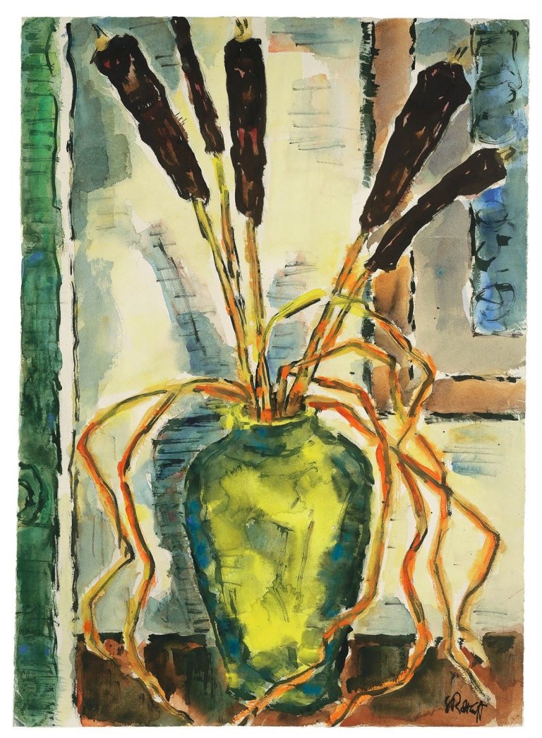 Auf diesem Bild ist das folgende Kunstwerk zu sehen: Karl Schmidt-Rottluff. „Vase mit Rohrkolben“. 1965.