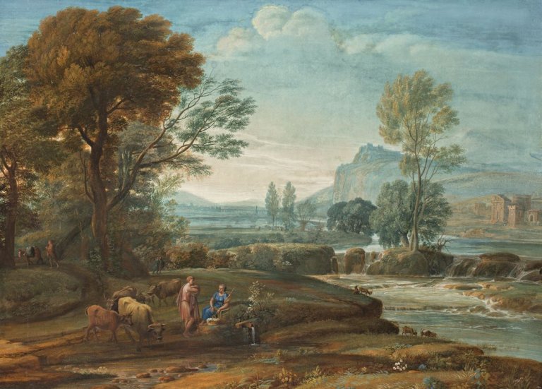 Auf diesem Bild ist das folgende Kunstwerk zu sehen: Carl Ludwig Kaaz (Katz). Ideallandschaft mit Hirtenpaar. 1797.