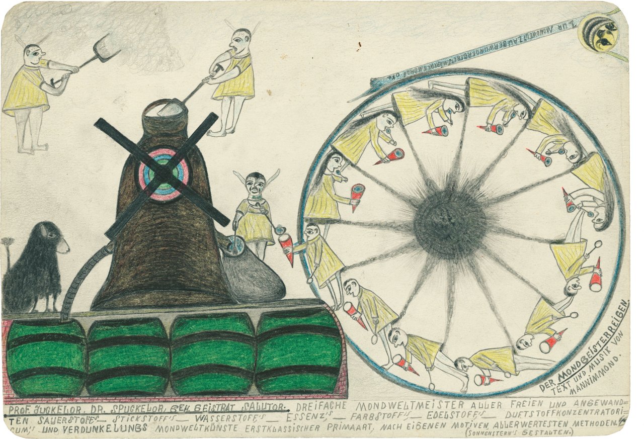 Auf diesem Bild ist das folgende Kunstwerk zu sehen: Friedrich Schröder-Sonnenstern. „Prof. Juckelor, Dr. Spuckelor, Geh. Geistrat Salutor“. Um 1951.