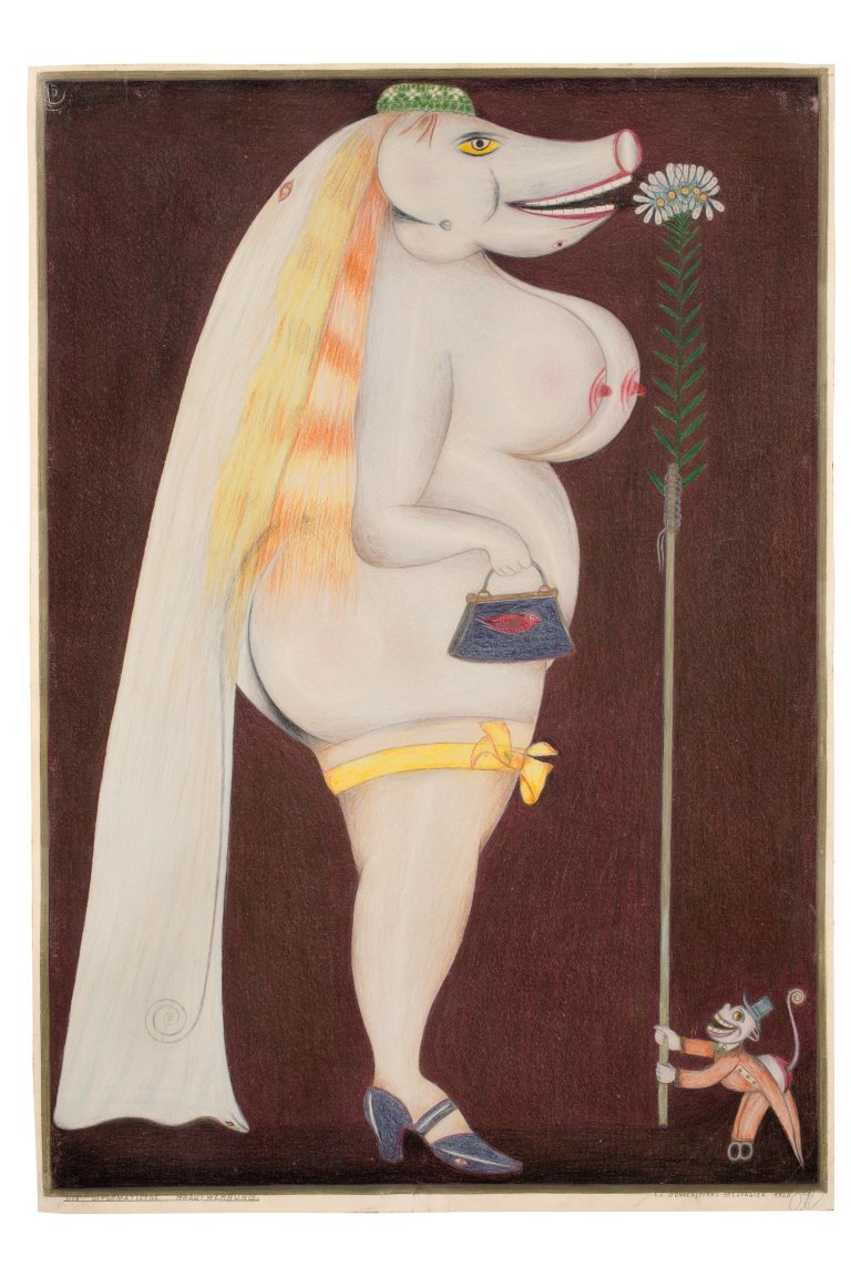 Auf diesem Bild ist das folgende Kunstwerk zu sehen: Friedrich Schröder-Sonnenstern. „Die diplomatische Brautwerbung“. 1955.