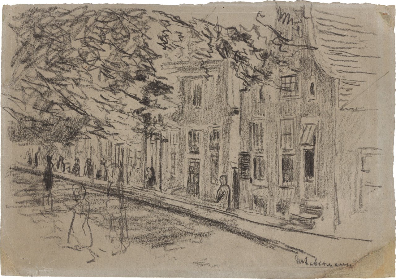 This picture shows the following artwork: Max Liebermann. ”Straße in einer holländischen Stadt” / ”Rückseite einer Häuserreihe in Holland”. Circa 1890.