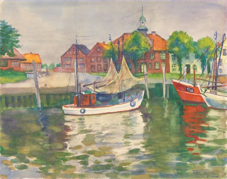 Auf diesem Bild ist das folgende Kunstwerk zu sehen: Conrad Felixmüller. „Hafen von Tönning“. 1967.
