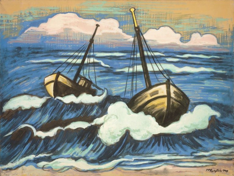 Auf diesem Bild ist das folgende Kunstwerk zu sehen: Max Pechstein. „Boote in der Brandung“. 1949.