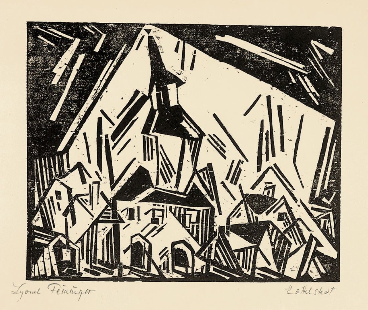 Auf diesem Bild ist das folgende Kunstwerk zu sehen: Lyonel Feininger. „Rathaus von Zottelstedt, 2“. 1918.