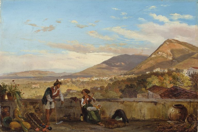 Auf diesem Bild ist das folgende Kunstwerk zu sehen: Carl Wilhelm Götzloff. Paar mit Kind vor italienischer Landschaft. Um 1830.
