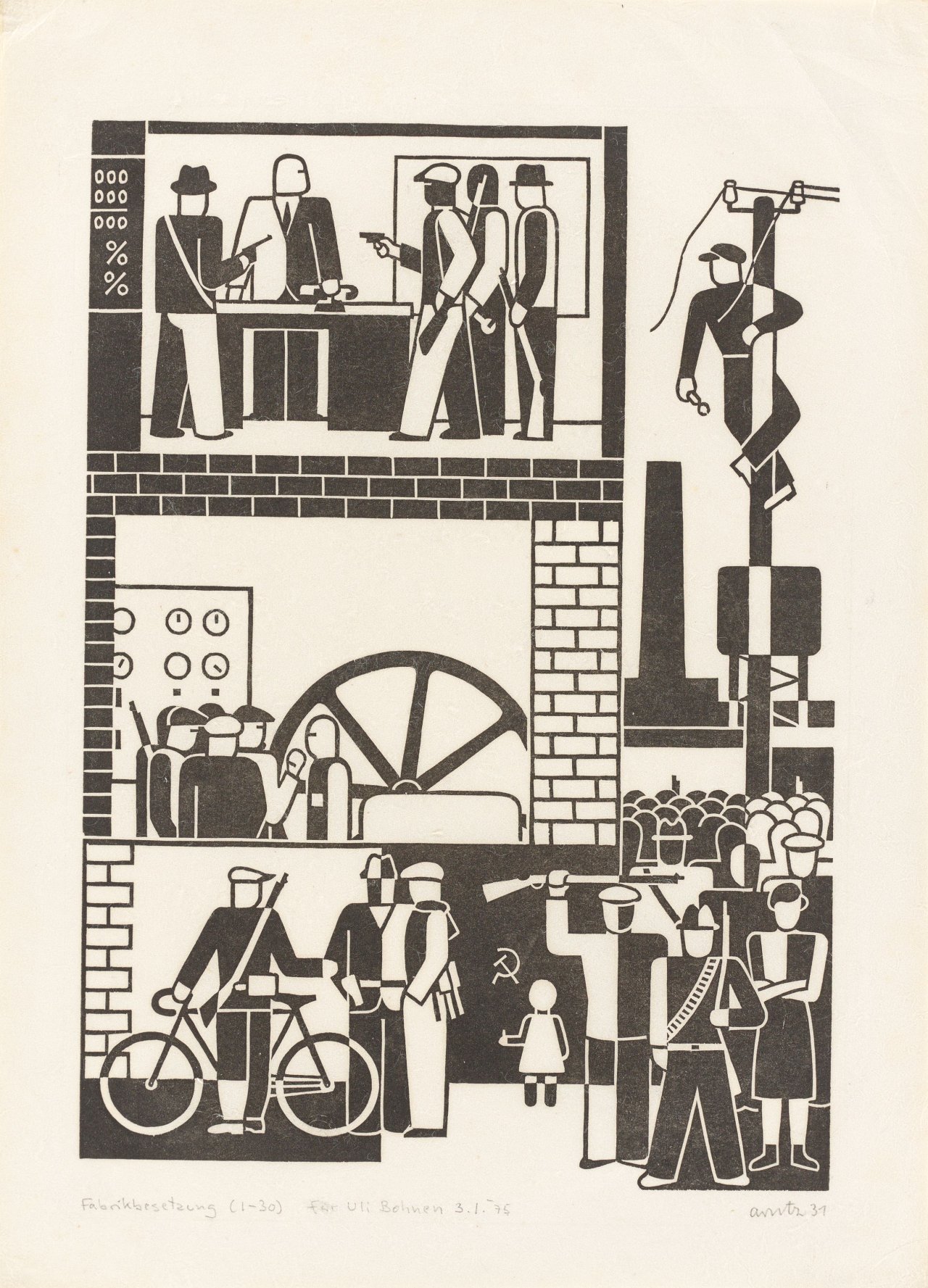 Auf diesem Bild ist das folgende Kunstwerk zu sehen: Gerd Arntz. „Fabrikbesetzung“. 1931.