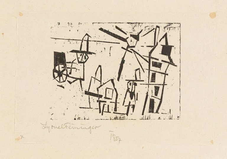 Auf diesem Bild ist das folgende Kunstwerk zu sehen: Lyonel Feininger. „Männer, Häuser, Laterne und Schiebkarren“. 1918.