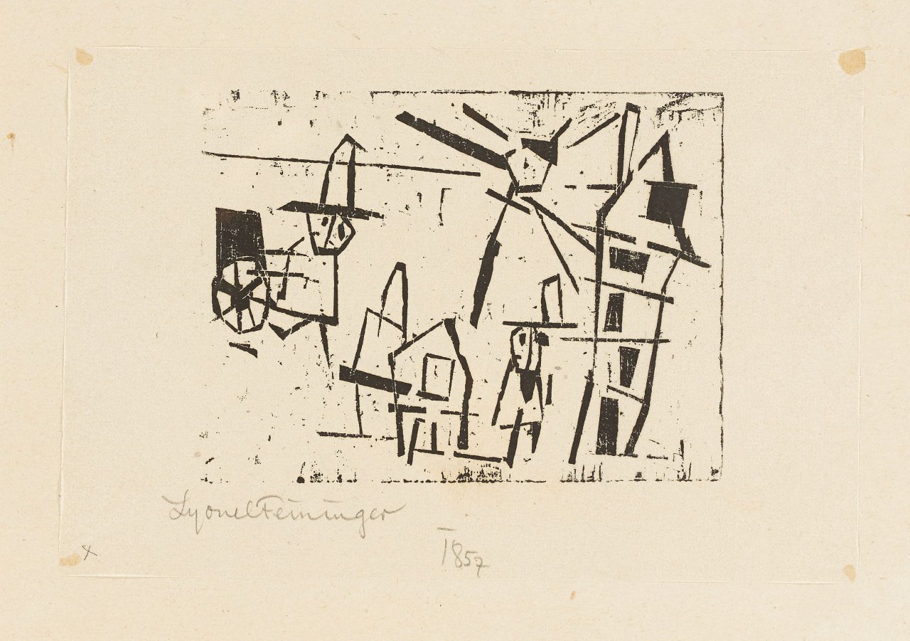 Auf diesem Bild ist das folgende Kunstwerk zu sehen: Lyonel Feininger. „Männer, Häuser, Laterne und Schiebkarren“. 1918.