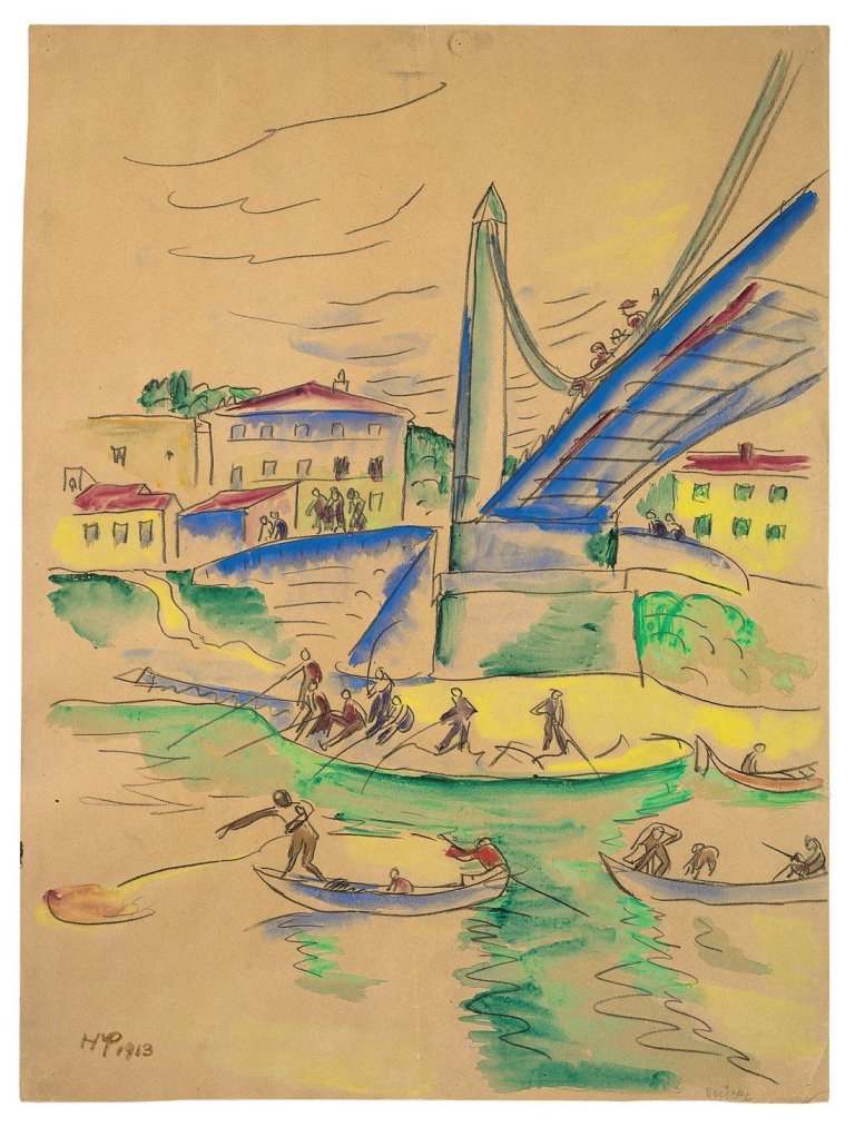 Auf diesem Bild ist das folgende Kunstwerk zu sehen: Max Pechstein. Brücke (Angler unter der Brücke). 1913.