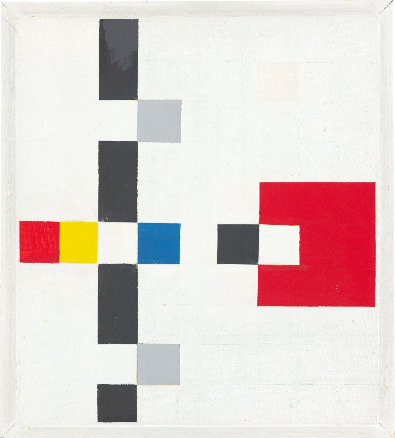 Auf diesem Bild ist das folgende Kunstwerk zu sehen: Alfred Roth. „“Vertikal-Rythmus mit blauem Quadrat“ oder: “Quadrate in Beziehung gesetzt““. Vor 1991.