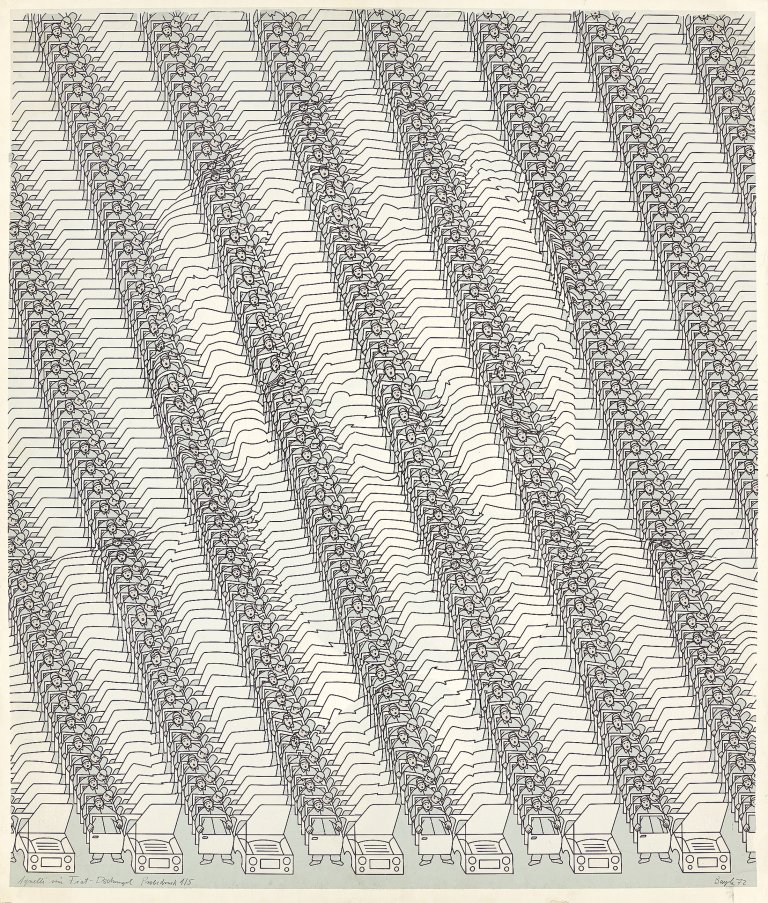 Auf diesem Bild ist das folgende Kunstwerk zu sehen: Thomas Bayrle. „Agnelli im Fiat-Dschungel“. 1972.
