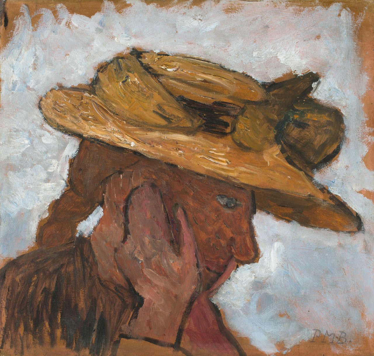 Auf diesem Bild ist das folgende Kunstwerk zu sehen: Paula Modersohn-Becker. „Mädchen mit Strohhut im Profil nach rechts“. Um 1905.