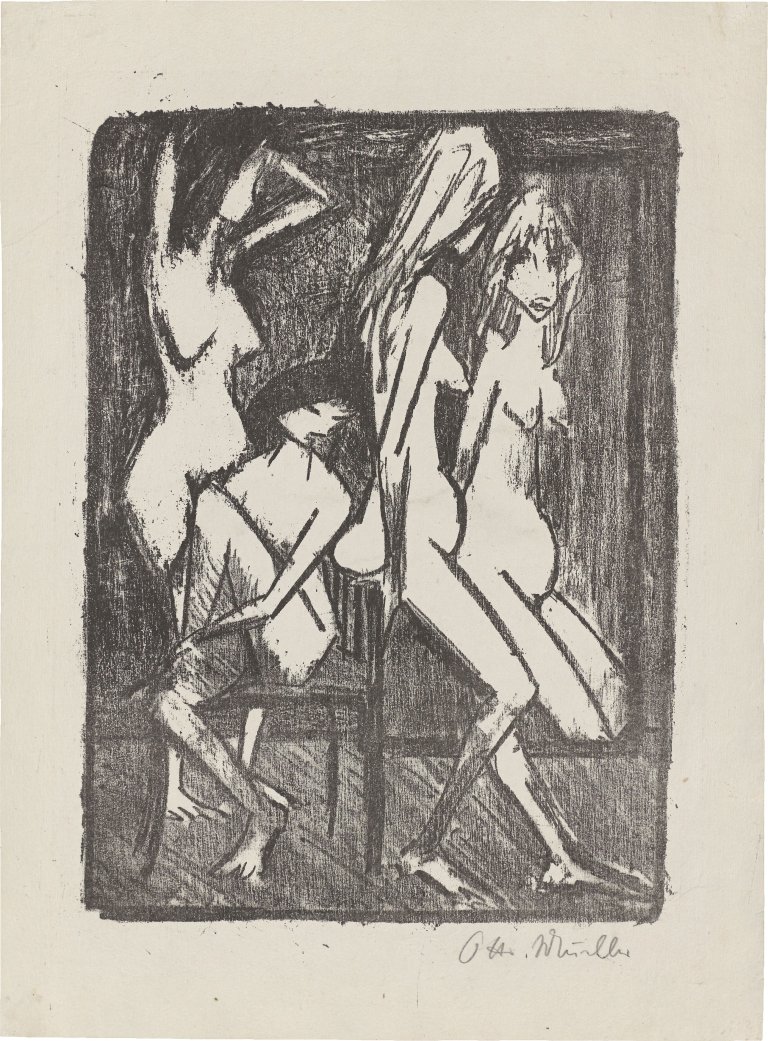 Auf diesem Bild ist das folgende Kunstwerk zu sehen: Otto Mueller. „Drei Mädchen vor dem Spiegel“. Um 1922.