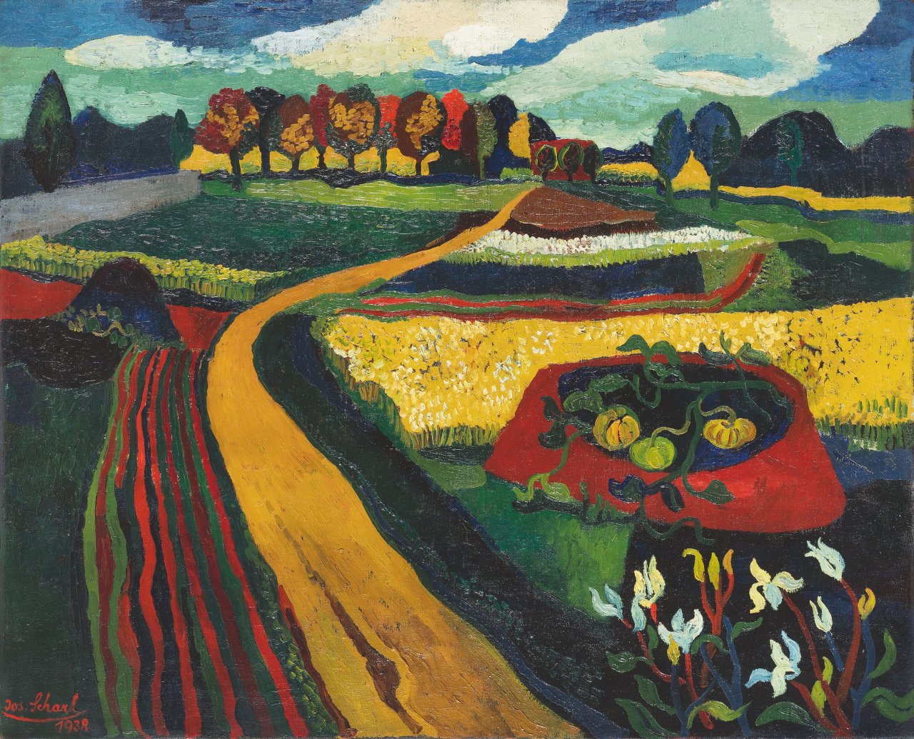Auf diesem Bild ist das folgende Kunstwerk zu sehen: Josef Scharl. „Landshut/Feldweg mit Komposthaufen“. 1938.