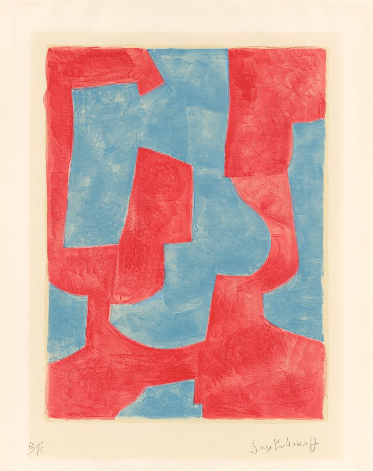 Auf diesem Bild ist das folgende Kunstwerk zu sehen: Serge Poliakoff. „Composition bleue et rouge“. 1966.