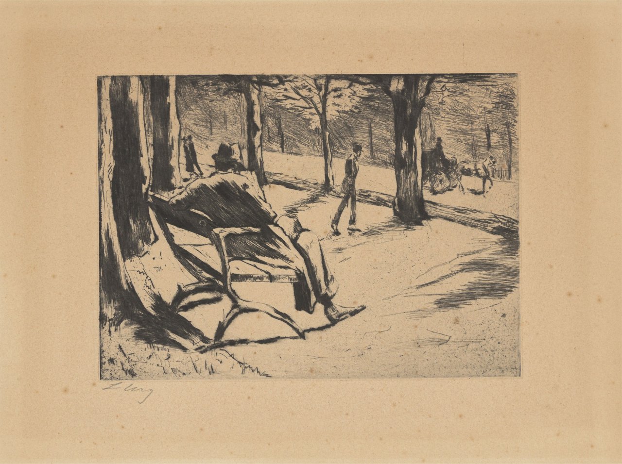 This picture shows the following artwork: Lesser Ury. ”Zeitungsleser mit Filzhut im Tiergarten”. 1922.
