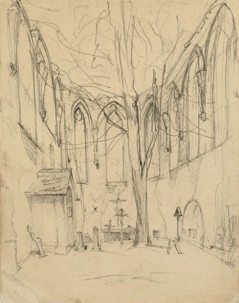 Auf diesem Bild ist das folgende Kunstwerk zu sehen: Ludwig Knaus. Ruine eines Kirchenchores.