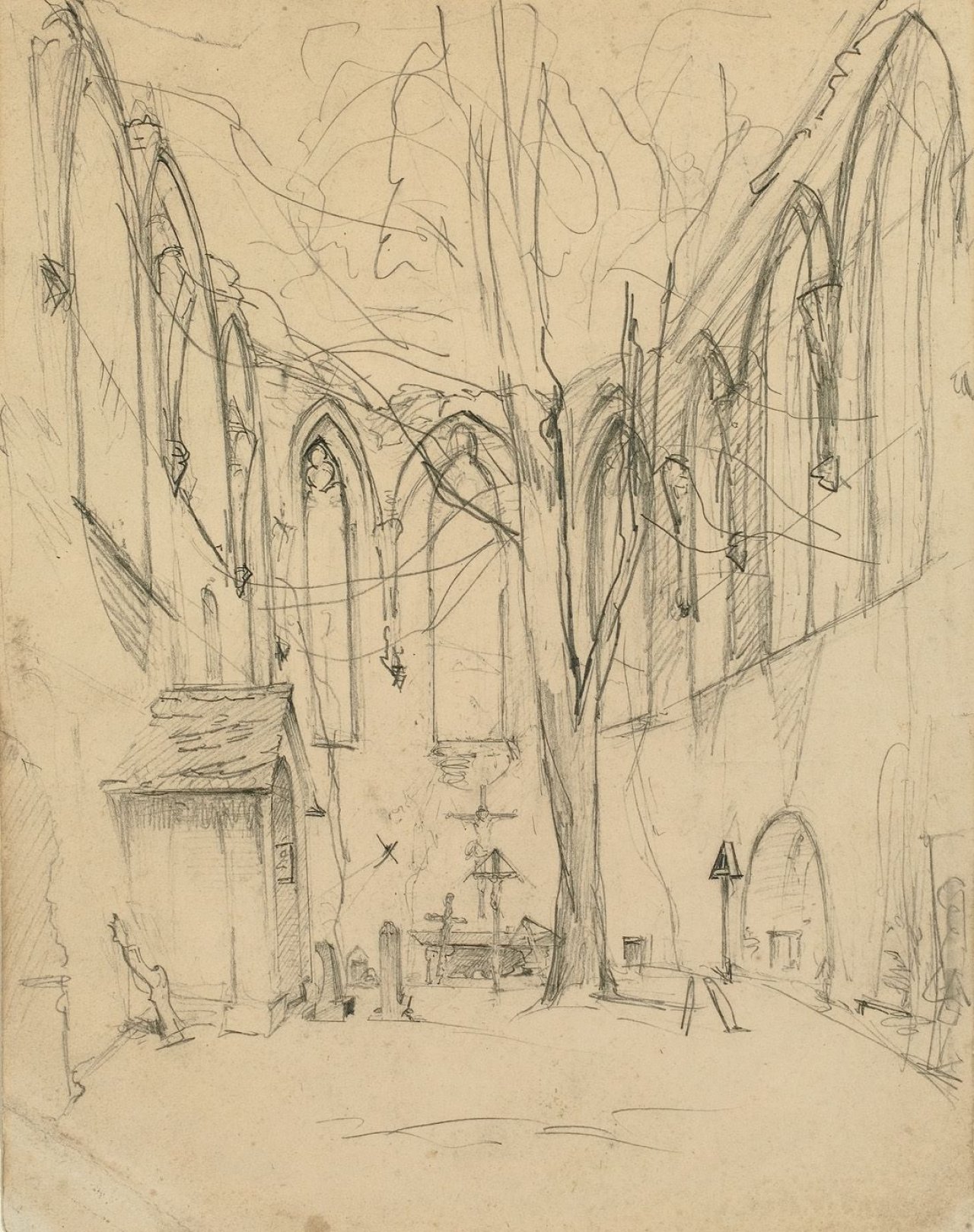 Auf diesem Bild ist das folgende Kunstwerk zu sehen: Ludwig Knaus. Ruine eines Kirchenchores.