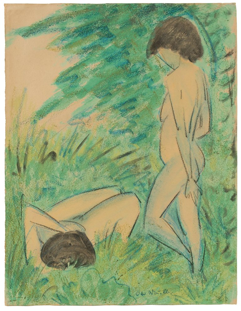 Auf diesem Bild ist das folgende Kunstwerk zu sehen: Otto Mueller. „Zwei weibliche Akte im Wald“.