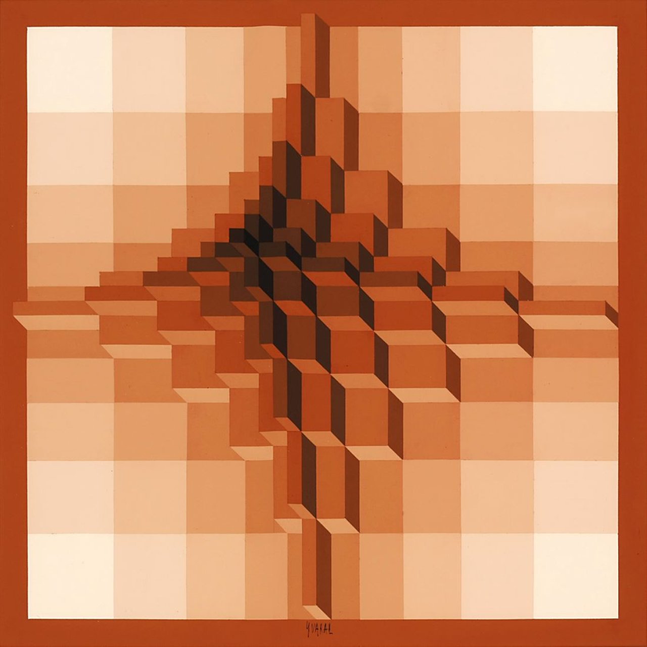 Auf diesem Bild ist das folgende Kunstwerk zu sehen: Jean-Pierre Yvaral. „Pyramidale Ocre Positif“. 1974.