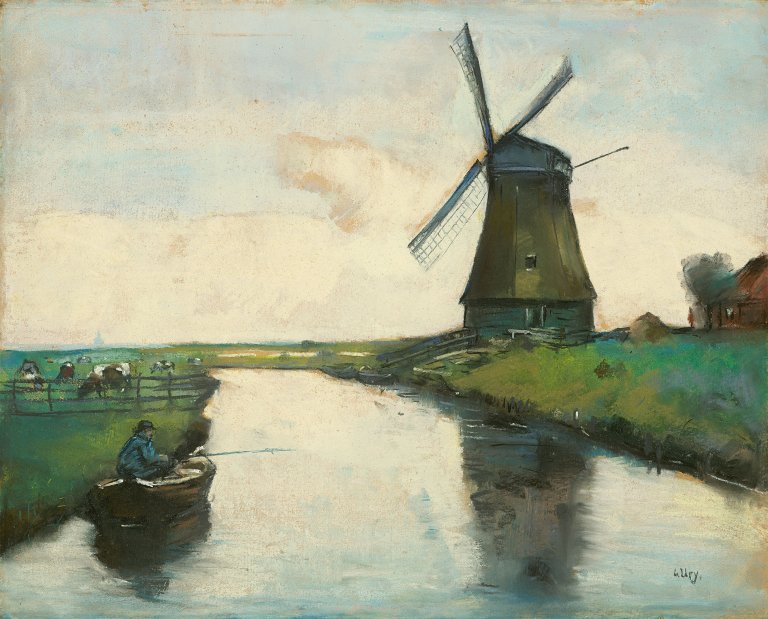 Auf diesem Bild ist das folgende Kunstwerk zu sehen: Lesser Ury. „Holländischer Kanal mit Windmühle und Angler“. Um 1912/13.