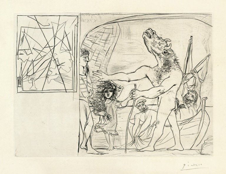 Auf diesem Bild ist das folgende Kunstwerk zu sehen: Pablo Picasso. „Minotaure aveugle guidé par une petite fille aux fleurs“. 1934.