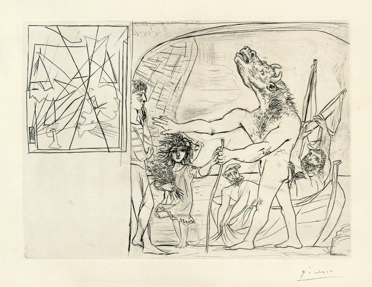 Auf diesem Bild ist das folgende Kunstwerk zu sehen: Pablo Picasso. „Minotaure aveugle guidé par une petite fille aux fleurs“. 1934.