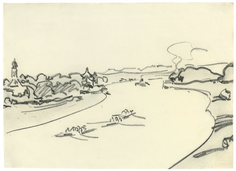 Auf diesem Bild ist das folgende Kunstwerk zu sehen: Ernst Ludwig Kirchner. Partie an der Elbe mit Ruderbooten. Um 1908/10.