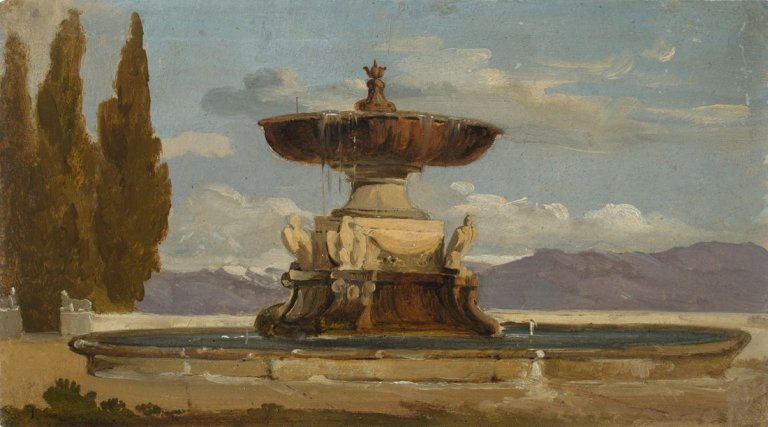 Auf diesem Bild ist das folgende Kunstwerk zu sehen:  Deutsch, um 1840. Brunnen an einem italienischen See.