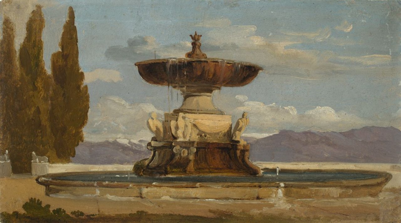 Auf diesem Bild ist das folgende Kunstwerk zu sehen:  Deutsch, um 1840. Brunnen an einem italienischen See.