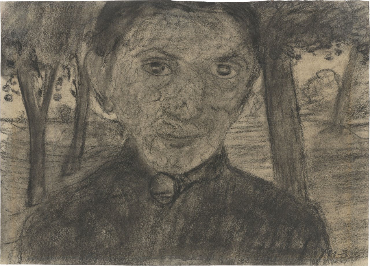 Auf diesem Bild ist das folgende Kunstwerk zu sehen: Paula Modersohn-Becker. „Selbstbildnis mit Landschaft vor Bäumen“. 1903.