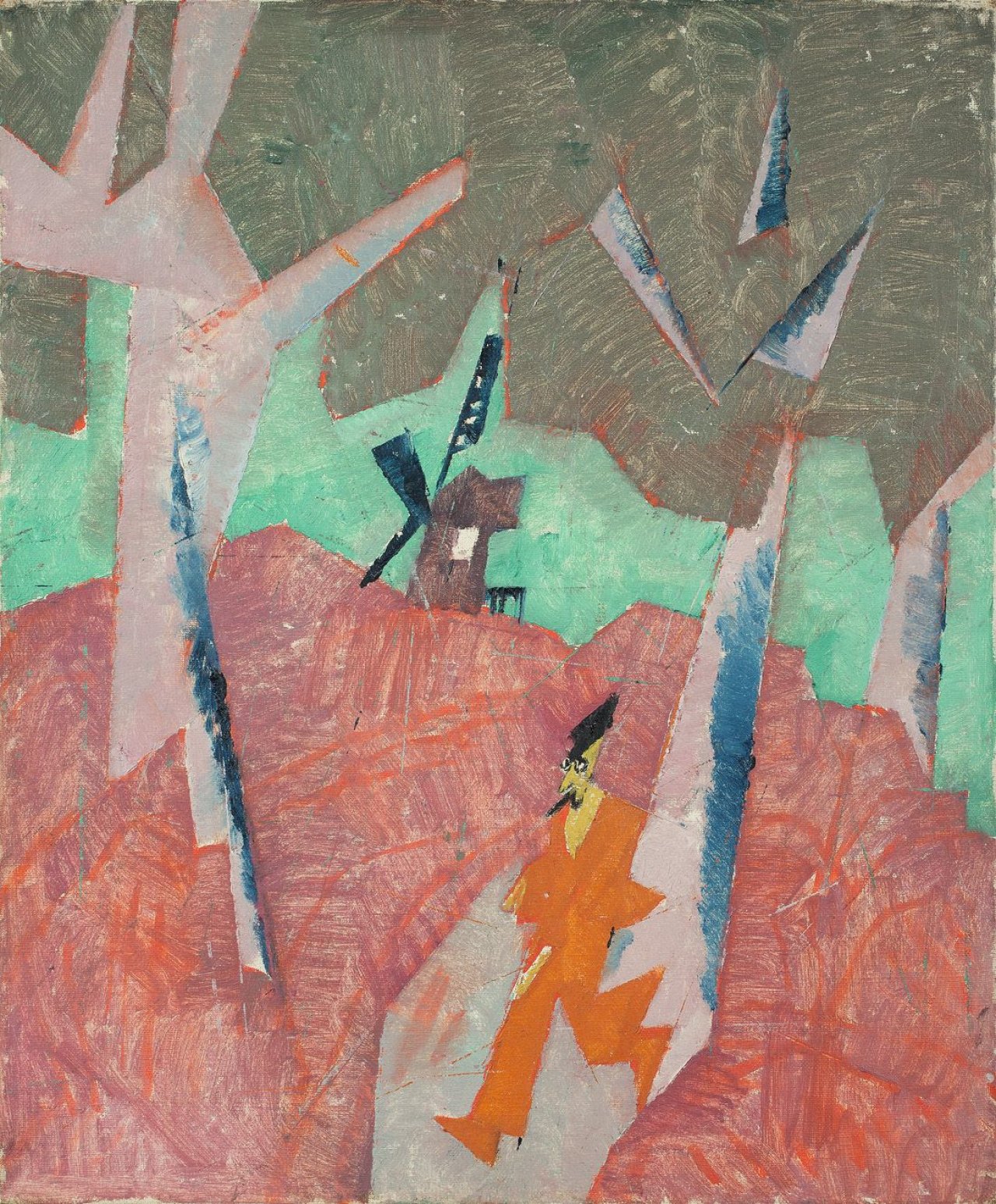 Auf diesem Bild ist das folgende Kunstwerk zu sehen: Lyonel Feininger. Der junge Mann aus dem Dorfe (Mühle mit rotem Mann). Um 1916/17.