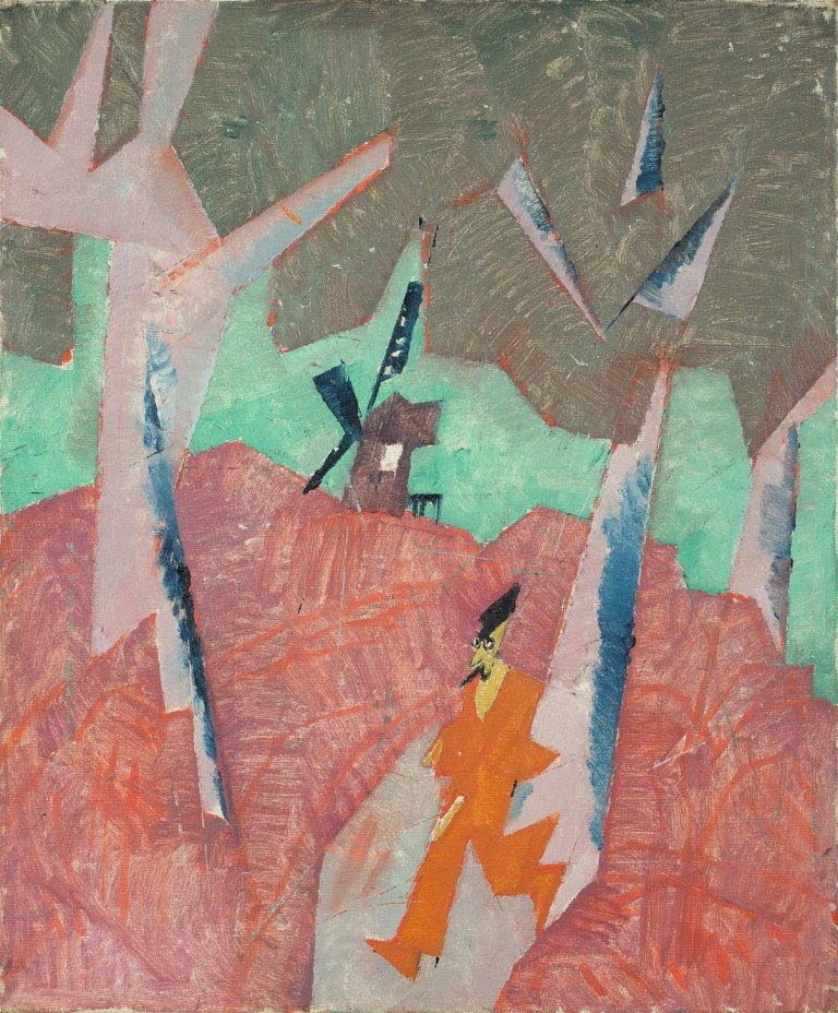 Auf diesem Bild ist das folgende Kunstwerk zu sehen: Lyonel Feininger. Der junge Mann aus dem Dorfe (Mühle mit rotem Mann). Um 1916/17.