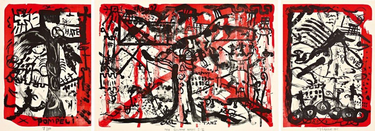 Auf diesem Bild ist das folgende Kunstwerk zu sehen: Jonathan Meese. „Der goldene Hades I-V“. 2005.